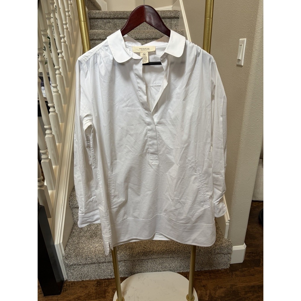 White Tunic Shirt 100% Cotton Pockets V Neck Minimalist Coastal Travel Luxury M